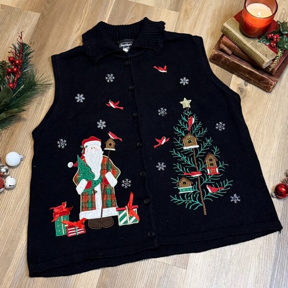 Vintage 90s Southern Lady Embroidered Button Front Ugly Christmas Sweater Vest - Picture 1 of 12